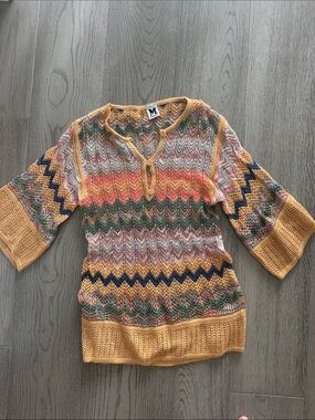 M by Missoni Multicolor Chevron V-Neck Sweater with Yellow Trim